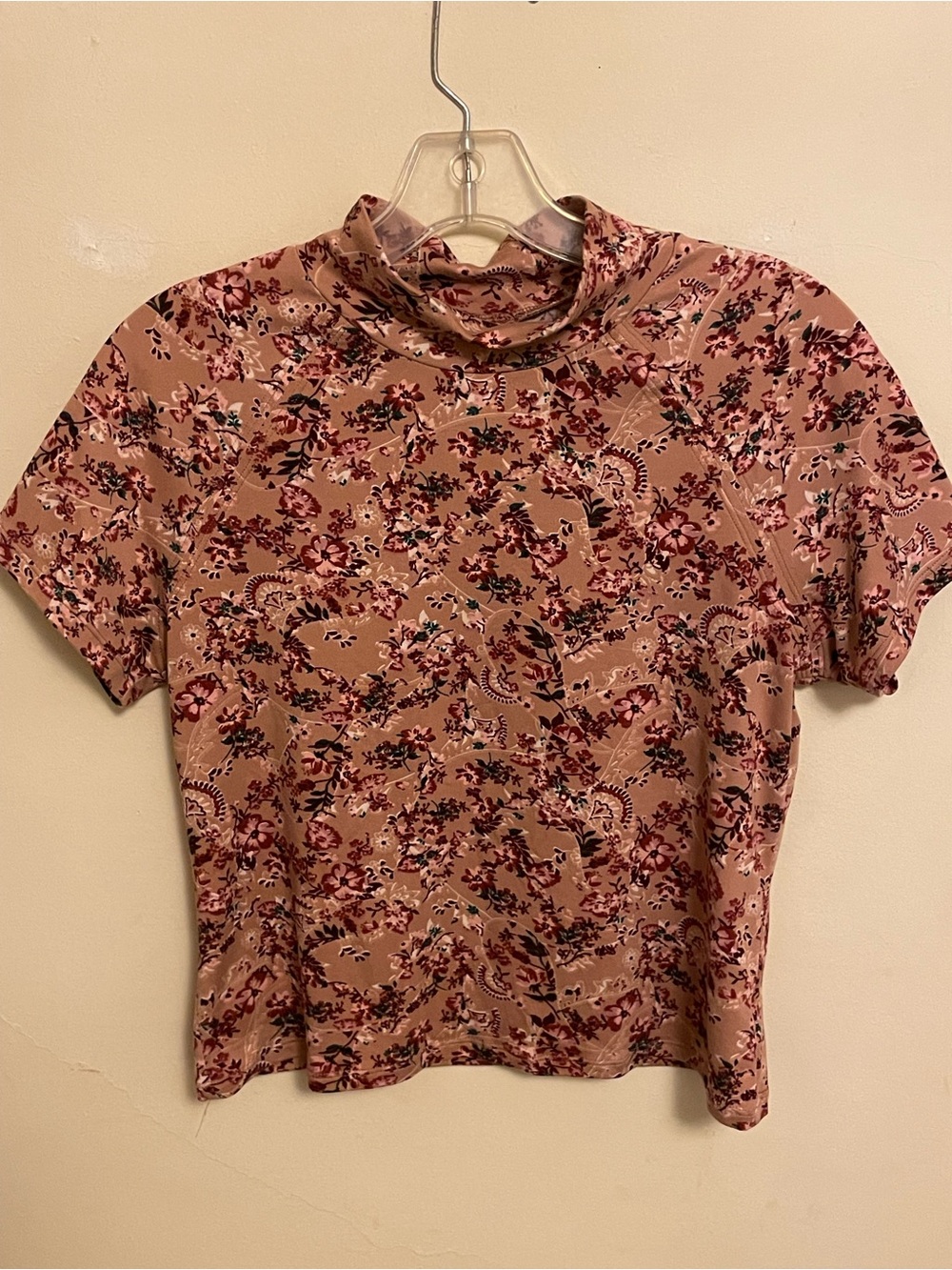 Belle Du Jour Dusty Pink Floral Mock Neck Short Sleeve Top